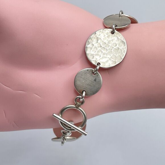 Vintage 925 Sterling Silver Disc Chain Bracelet Toggle Clasp Statement Boho - Picture 4 of 6